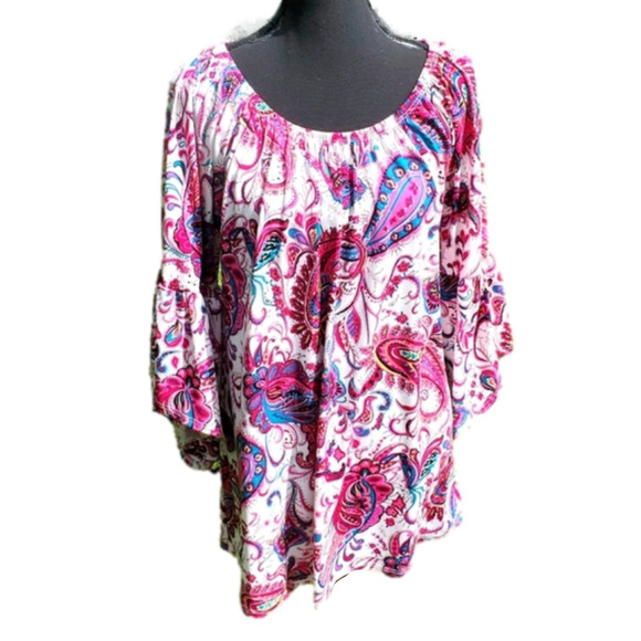 EUC Medium Pretty Bell Sleeve Top with Pink Paisleys - Picture 1 of 4